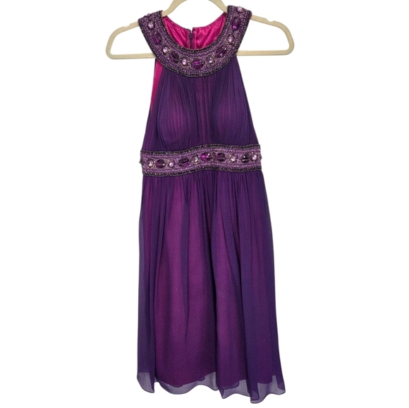 Cache Dresses & Skirts - Vintage Y2K Cache Silk Embellished Purple Halter Chiffon Dress Size 4